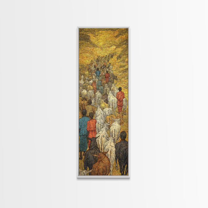 Golden African Cattle Caravan Wall Art, Textured Migration Scene, Safari Culture Decor, Pastoral Landscape, Earth Tone Print