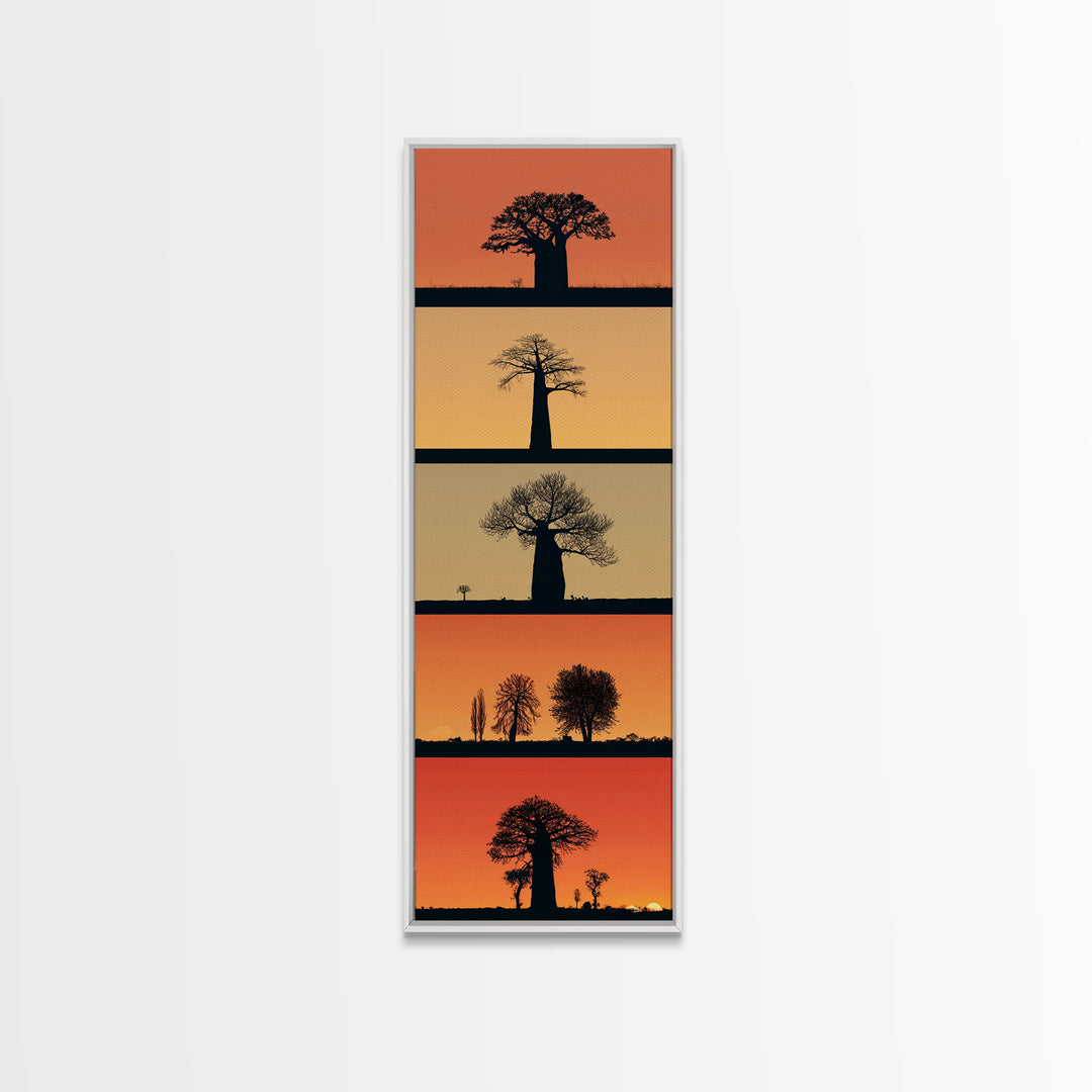 Minimal Baobab Horizon Panels, African Wall Art, Sunset Tree Silhouette, Modern Safari Decor, Vertical Framed Canvas Print