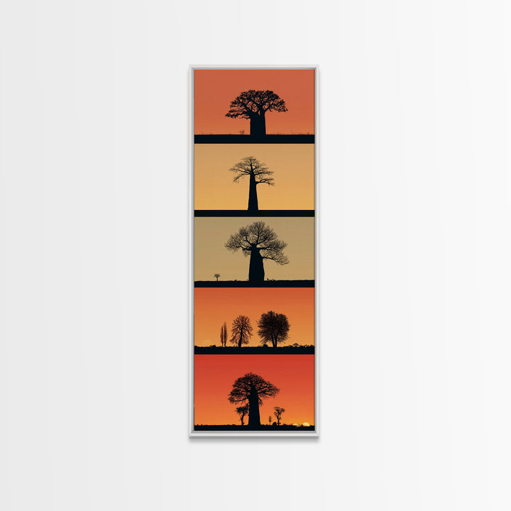 Minimal Baobab Horizon Panels, African Wall Art, Sunset Tree Silhouette, Modern Safari Decor, Vertical Framed Canvas Print