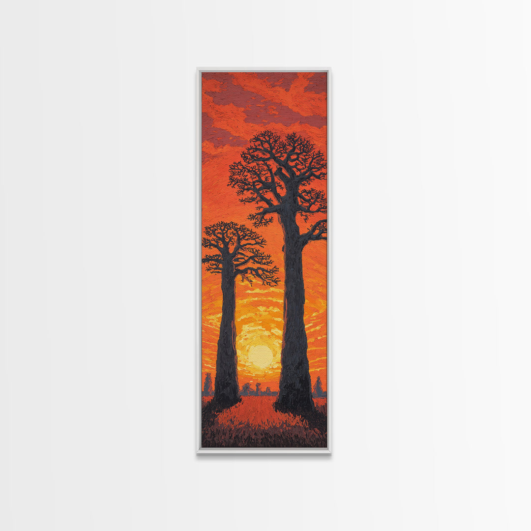 Twin Baobab Trees At Fiery Sunset, African Wall Art, Safari Landscape, Orange Motherland Decor, Framed Canvas Print Gift
