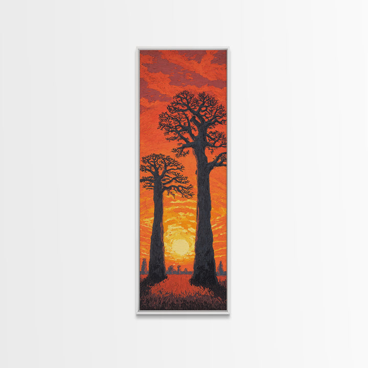 Twin Baobab Trees At Fiery Sunset, African Wall Art, Safari Landscape, Orange Motherland Decor, Framed Canvas Print Gift