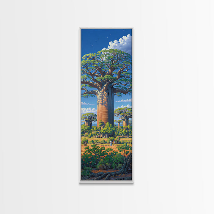 Lush Baobab Village Landscape, African Wall Art, Blue Sky Safari Decor, Madagascar Tree Scene, Premium Canvas Print Gift