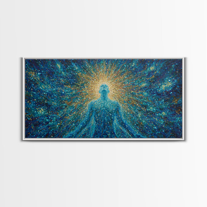 Glowing Spirit Figure In Cosmic Blue Framed Canvas Print, Spiritual Wall Art, Afrocentric Decor, Mystical Abstract Art, Meditation Decor