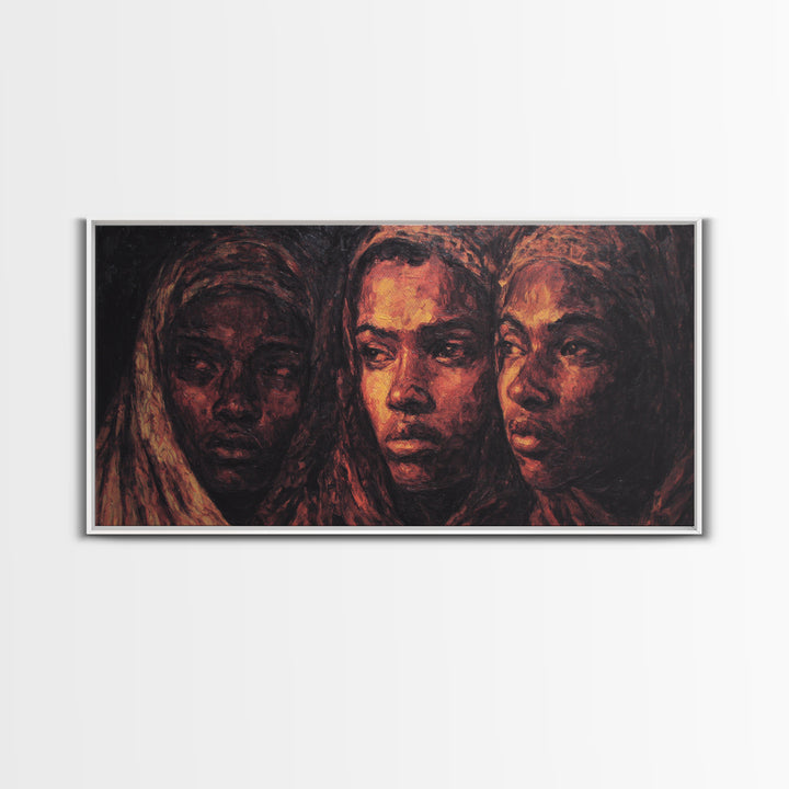 Three African Women Portrait Wall Art, Black Female Art, Afrocentric Decor, Burnt Orange Canvas, Elegant Cultural Home Decor Gift