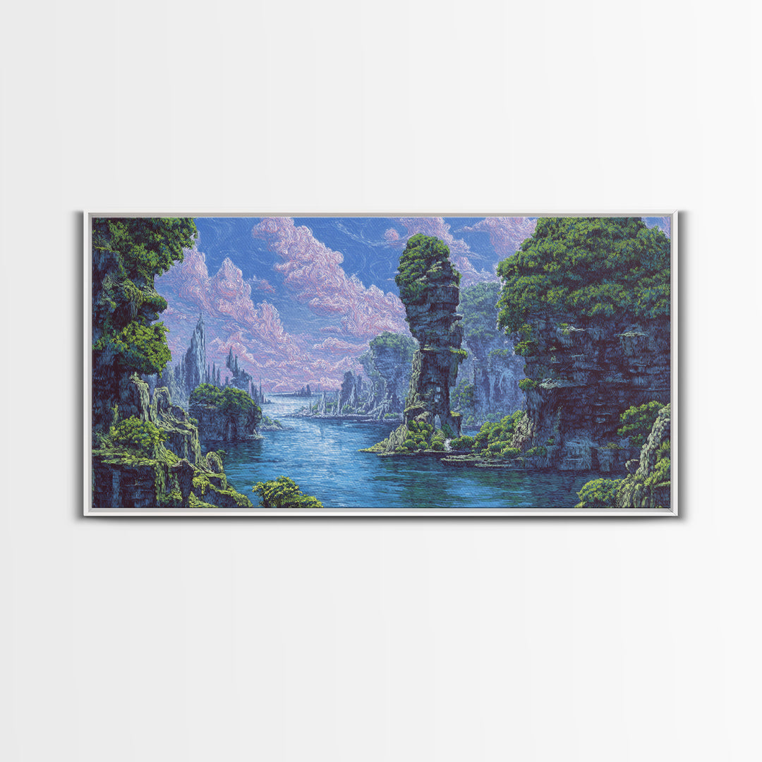 Serene Blue River Cliffs Framed Canvas Print, African Landscape, Nature Scene Art, Dreamy Wall Art For Elegant Home Decor