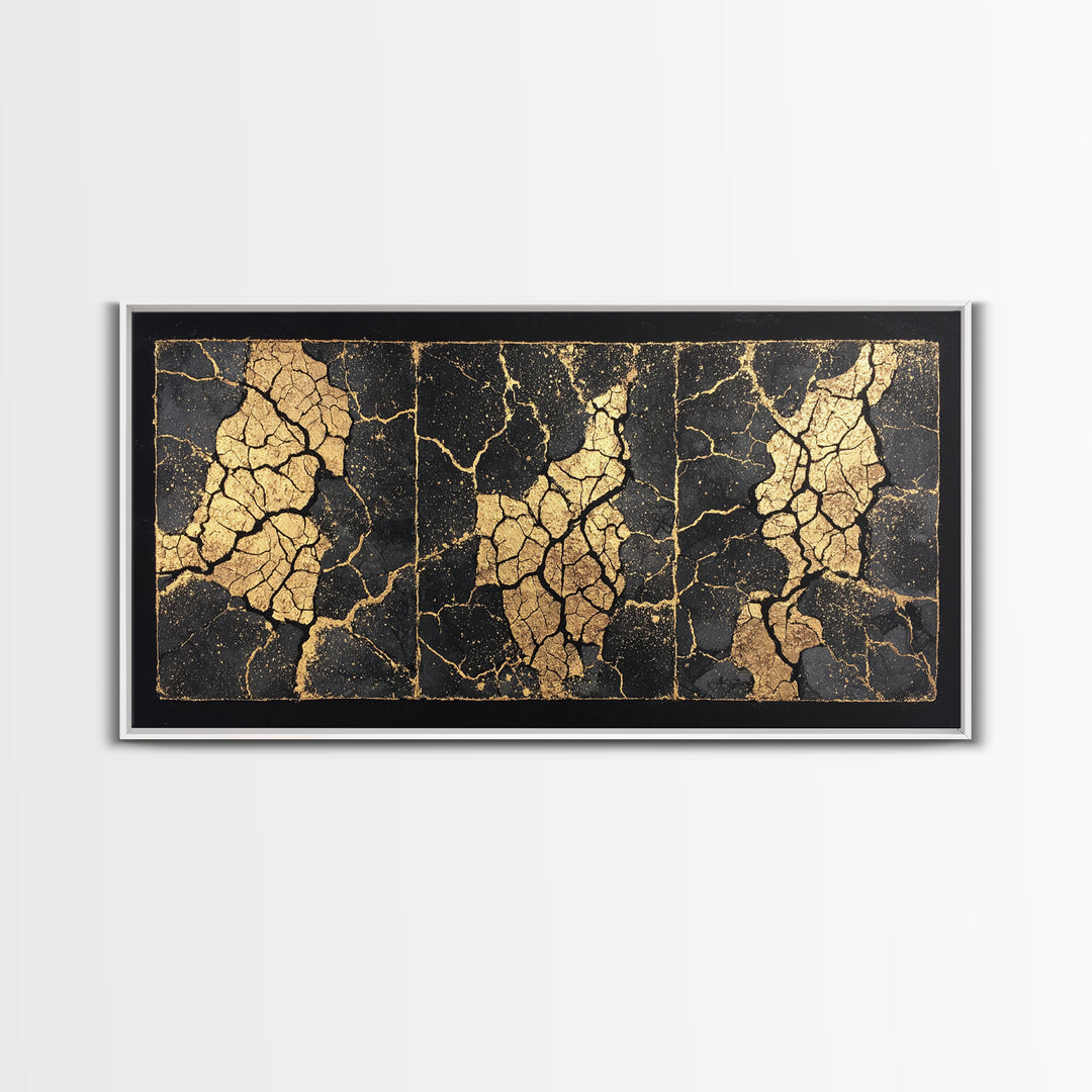 Black And Gold Cracked Triptych Abstract Wall Art, African Inspired Luxury Canvas Decor, Modern Textured Statement Print