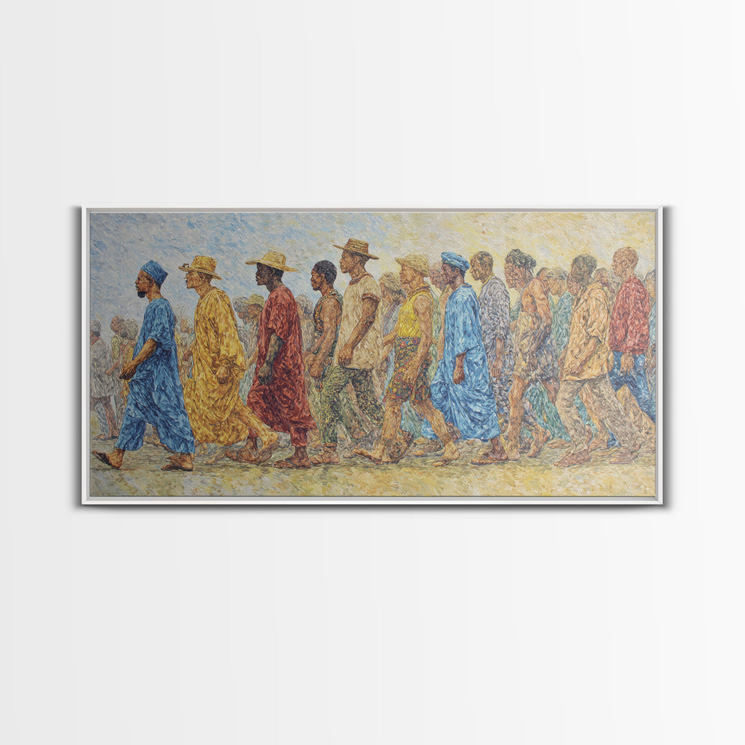 African Procession In Sunlit Robes Canvas Print, Cultural Wall Decor, Panoramic Black Art For Living Room And Office Gallery