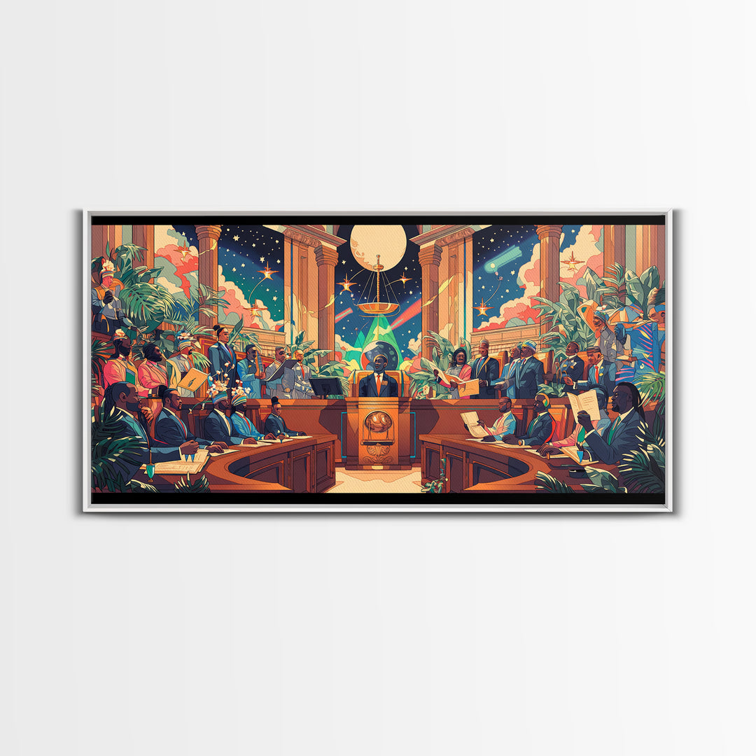 Afrofuturist Galactic Council Chamber Wall Art, African American Art Print, Colorful Sci Fi Courtroom Decor Poster Gift