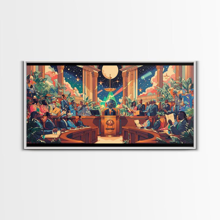 Afrofuturist Galactic Council Chamber Wall Art, African American Art Print, Colorful Sci Fi Courtroom Decor Poster Gift