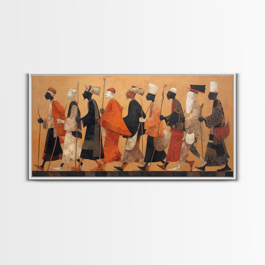 Traditional African Warriors Procession Wall Art, Tribal Culture Art Print, Earth Tone Safari Decor For Home Office Gallery