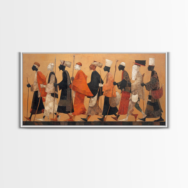 Traditional African Warriors Procession Wall Art, Tribal Culture Art Print, Earth Tone Safari Decor For Home Office Gallery