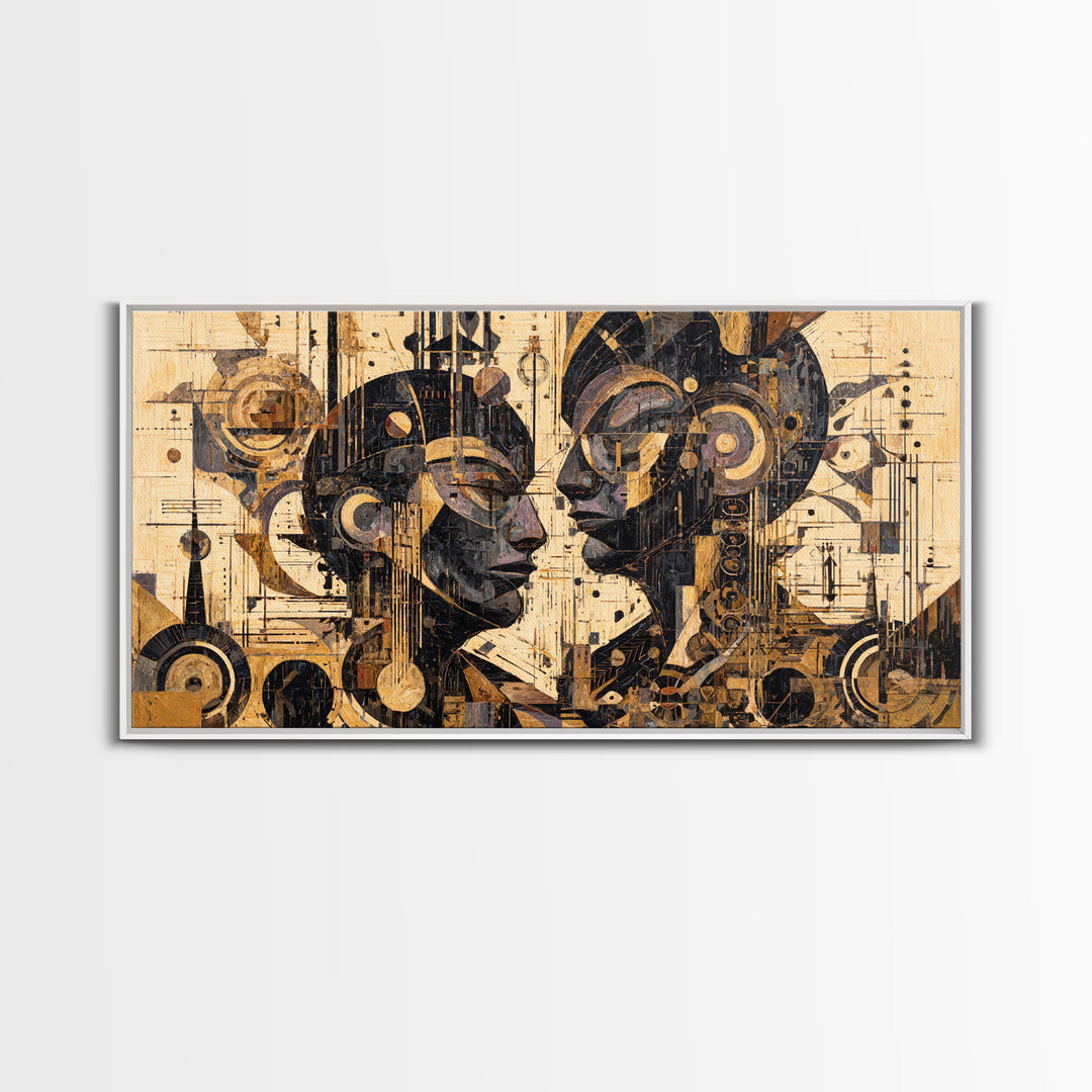 Geometric African Couple Profiles Framed Canvas Print, Abstract Afrocentric Wall Art, Gold Black Modern Cubism Decor Gift