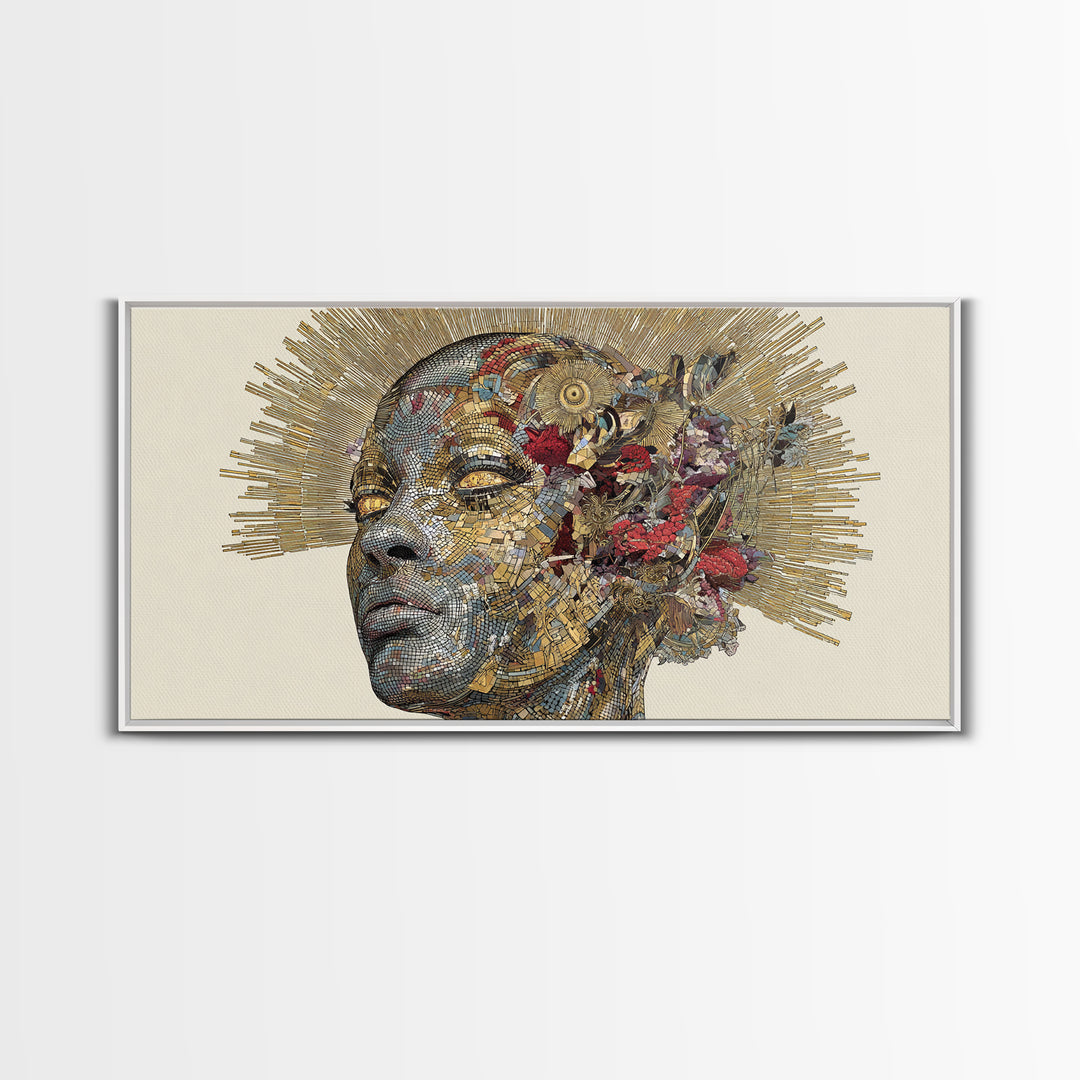 Black Woman Golden Halo Portrait Canvas Print, Mosaic Floral African Beauty Wall Art, Elegant Feminine Home Decor Gift Print