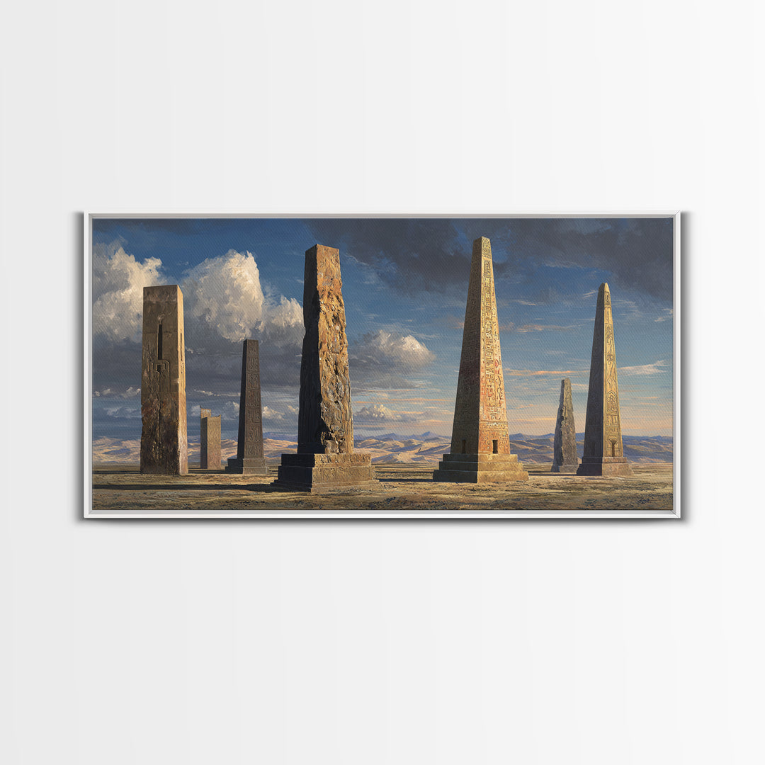 Ancient Carved Desert Obelisks Wall Art, African Egyptian Art Print, Monument Landscape, Earth Tone Home Decor Gift For Living Room