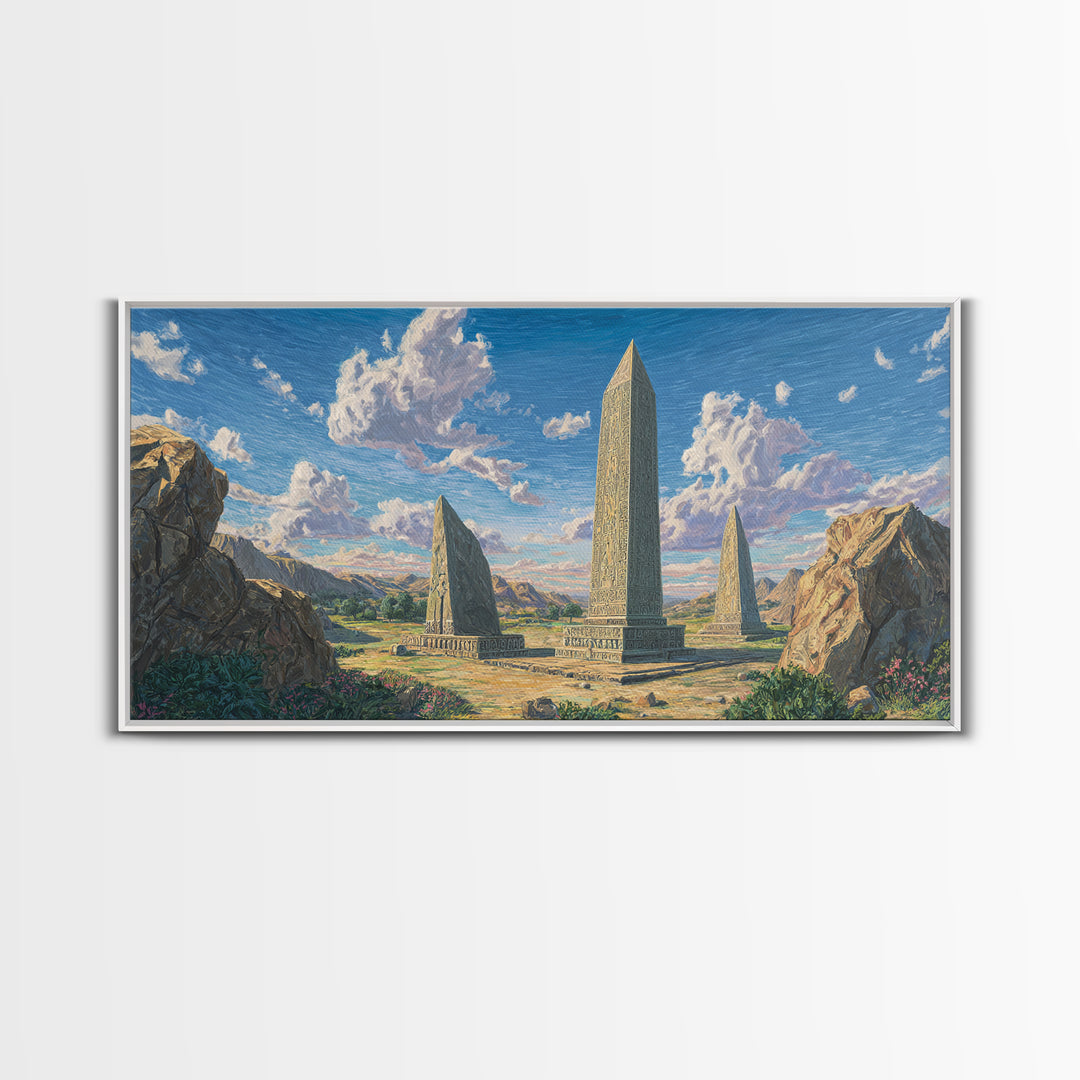 Mountain Valley Stone Obelisks Canvas Print, African Landscape Wall Decor, Ancient African Art, Nature Scene For Living Room