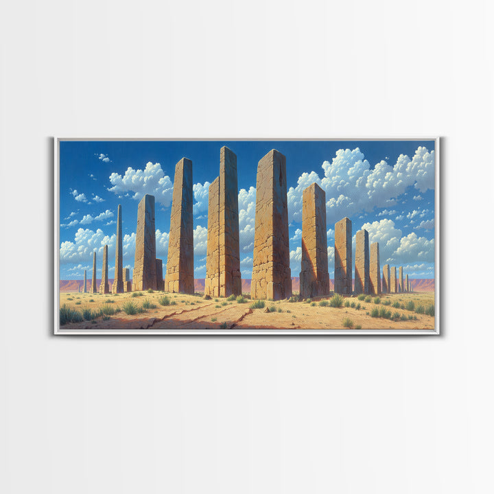 Sunlit Desert Pillars Wall Art, African Egyptian Art Print, Ancient Monument Canvas, Large Wall Decor For Office And Home