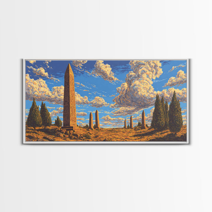 Golden Sky Obelisk Garden Wall Art, African Landscape Print, Ancient Monument Decor, Boho Earth Tone Living Room Artwork