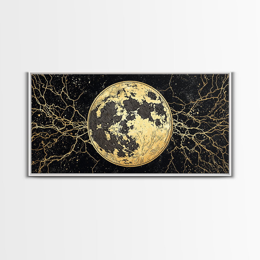 Golden Full Moon Wall Art, Black And Gold Celestial Canvas Print, Mystical Wall Decor, Abstract Night Sky Gift For Bedroom Home