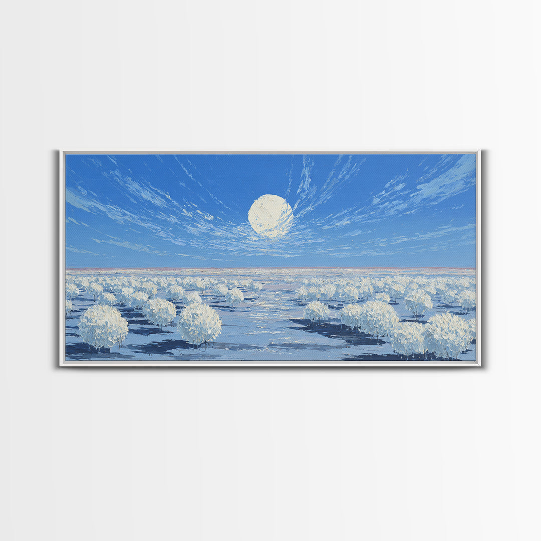 White Desert Bloom Field Canvas Print, African Landscape Wall Art, Dreamy Nature Scene, Blue Minimalist Home Decor Gift For Her
