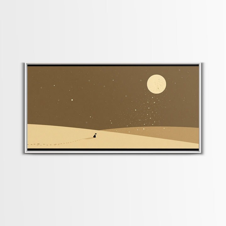 Lone Traveler In Moonlit Sahara Dunes Wall Art, Minimalist African Landscape, Desert Night Canvas, Earth Tone Boho Home Decor
