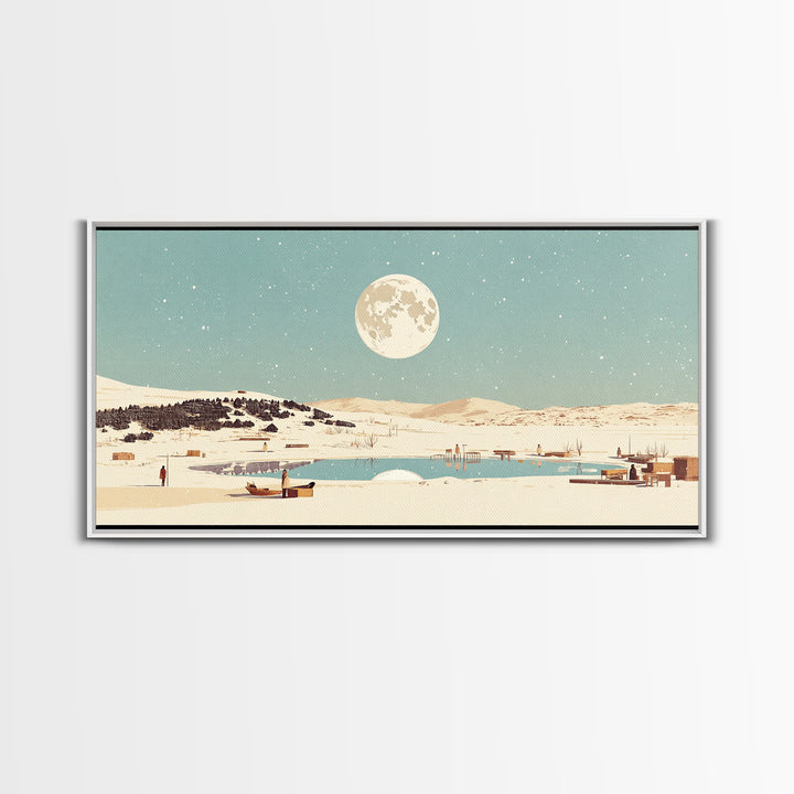 Moonlit Lake Village With Boats Canvas Print, African Landscape Wall Decor, Serene Travel Poster, Blue Bedroom Art Home Decor