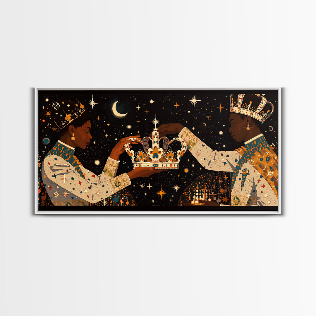 Celestial Black King And Queen Crowning Framed Canvas Print, African American Art, Royal Afrocentric Cultural Wall Decor