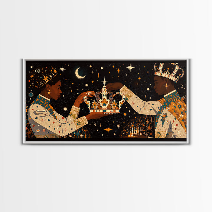 Celestial Black King And Queen Crowning Framed Canvas Print, African American Art, Royal Afrocentric Cultural Wall Decor