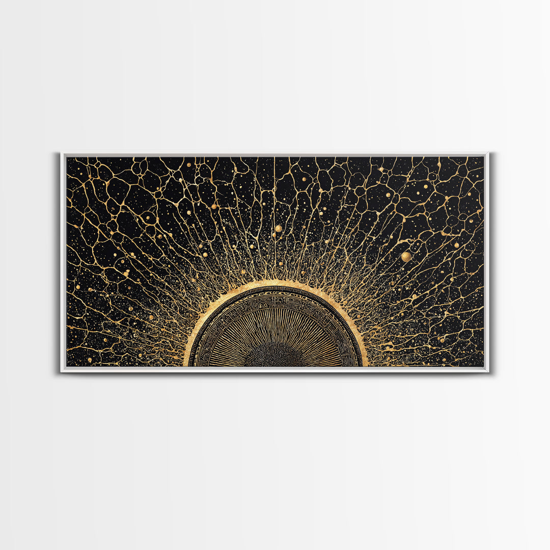 Golden Cosmic Sun Network Abstract Wall Art, Geometric African Inspired Decor, Black And Gold Modern Living Room Canvas Print