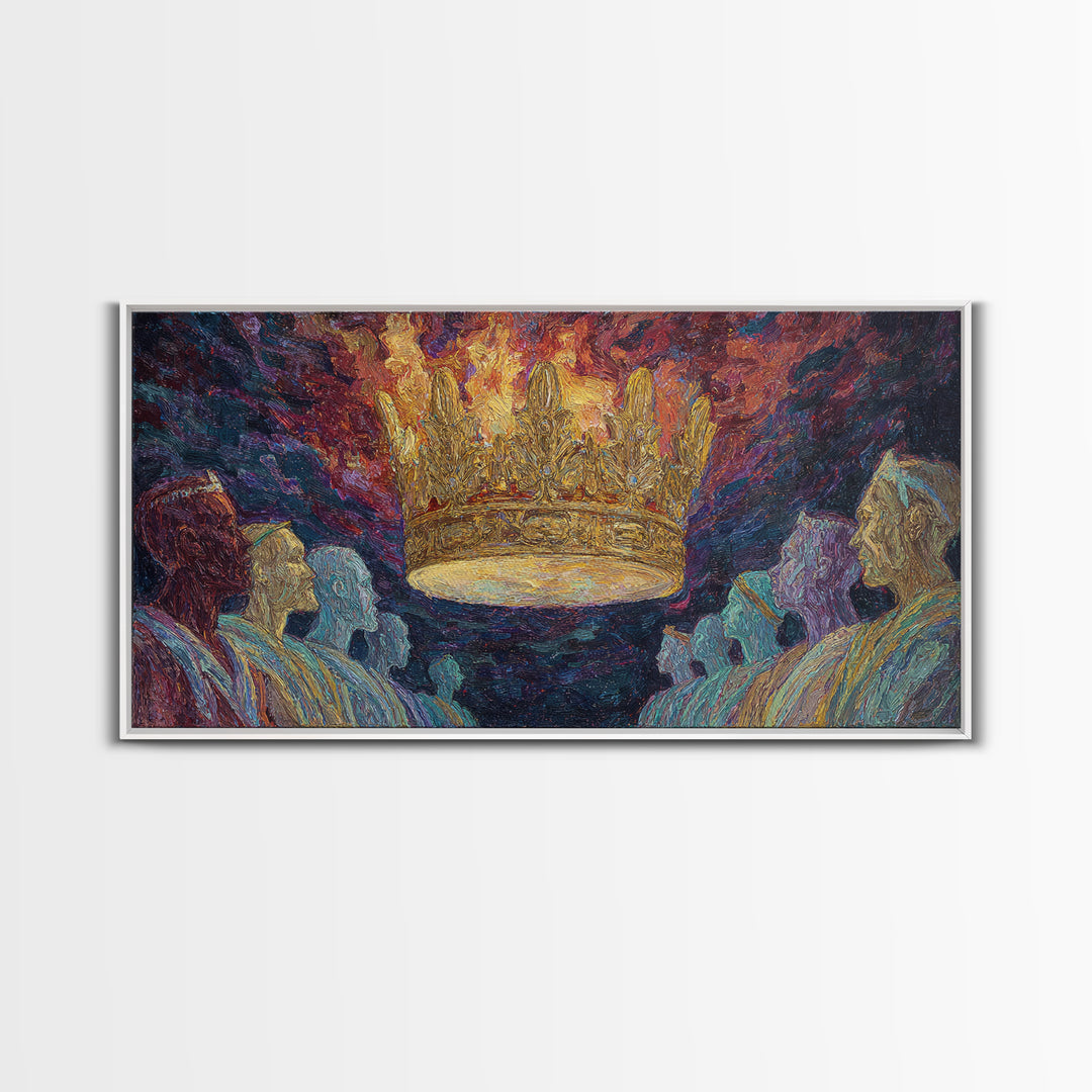 Fiery Floating Crown And Robed Figures Wall Art, African Royalty Painting, Black History Decor, Textured Canvas Print Gift