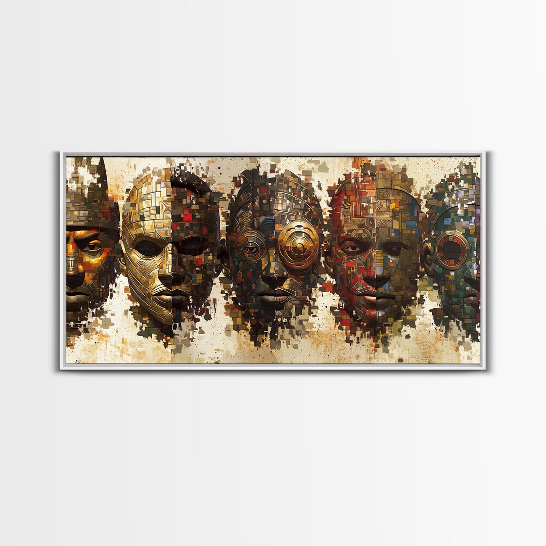 Mosaic African Masks With Metallic Texture Framed Canvas Print, Tribal Wall Decor, Cultural Afrocentric Statement Art Gift