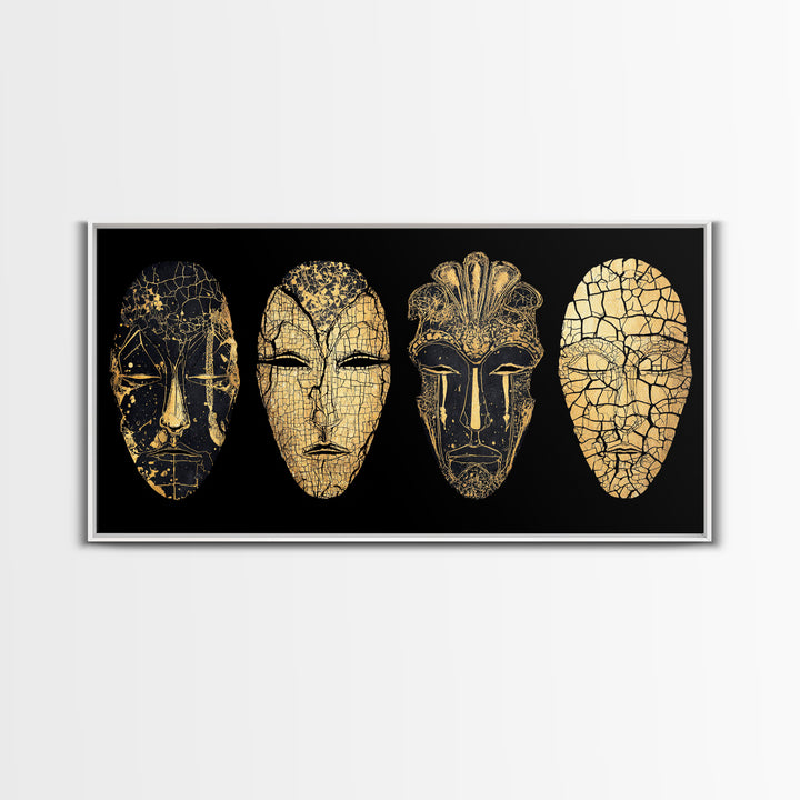 Black And Gold Cracked African Masks Wall Art, Minimalist Tribal Mask Print, Luxe Afrocentric Decor For Modern Home Interior