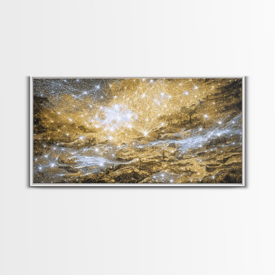 Golden Cosmic River Abstract Wall Art, Textured Modern Canvas Decor, Luxury Blue Gold Landscape For Living Room Statement Piece