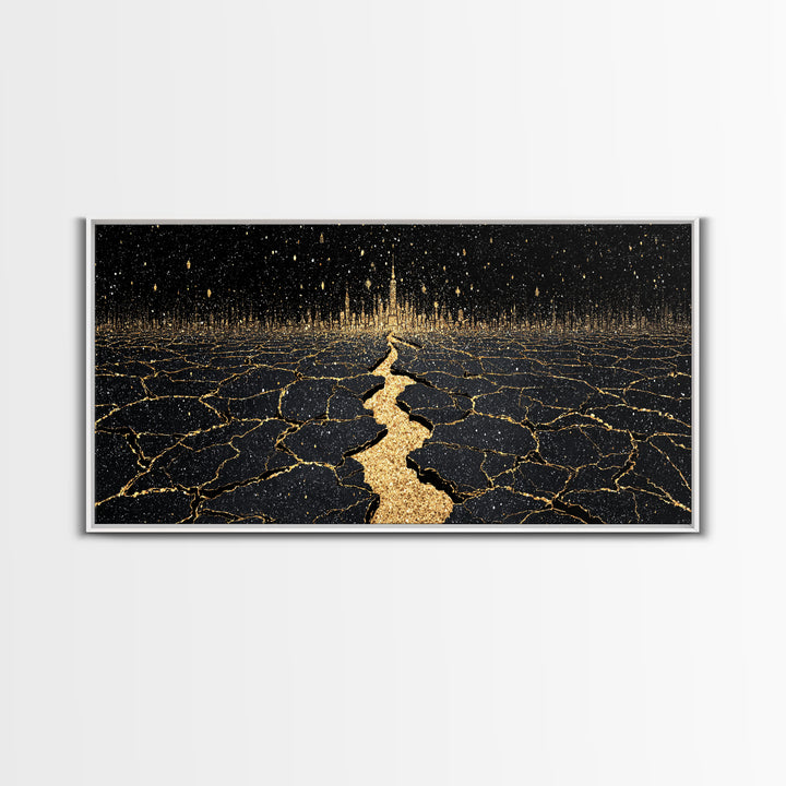 Black Gold Cracked Earth Pathway Canvas Print, Abstract Landscape Wall Decor, Dramatic Modern Art For Office Home Decor Gift