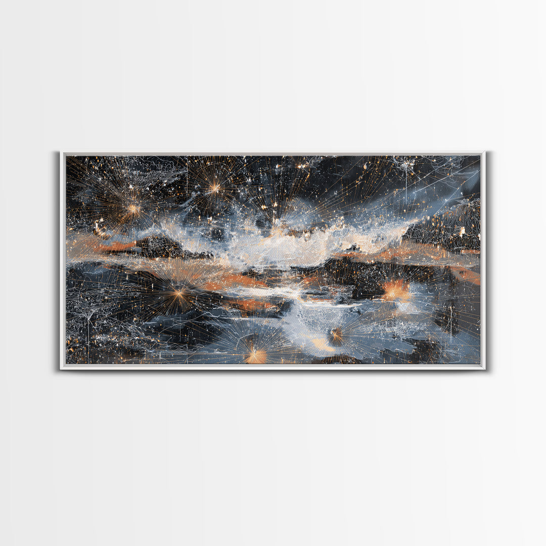 Starry Silver Mountain Sky Abstract Canvas Print, Dreamy Wall Art Decor, Modern Nature Landscape For Bedroom Office Gift