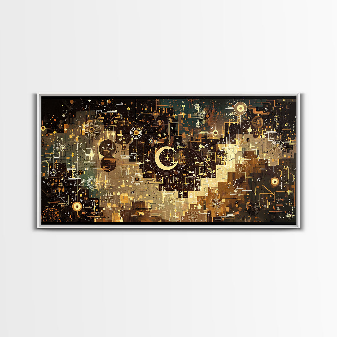 Gold Crescent Abstract Circuit City Wall Art, Black Gold Canvas Decor, Modern Islamic Inspired Geometric Home Decor Statement Piece