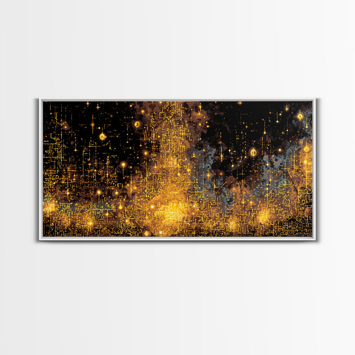 Golden Futuristic Skyline Canvas Print, Abstract City Lights Wall Decor, Luxury Black Gold Modern Home Decor Statement Piece
