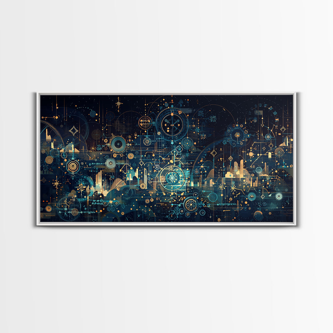 Teal Celestial Blueprint Wall Art, Abstract Science Diagram Canvas Decor, Modern Geometric Office Decor Unique Gift For Him