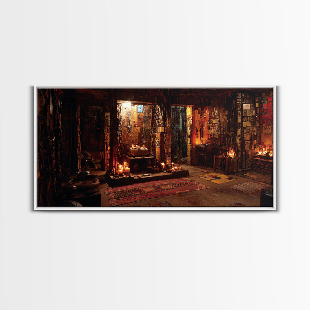 Candlelit Bohemian Shrine Interior Wall Art, Mystic Meditation Room Decor, Warm Earth Tone Canvas Print For Home Unique Gift