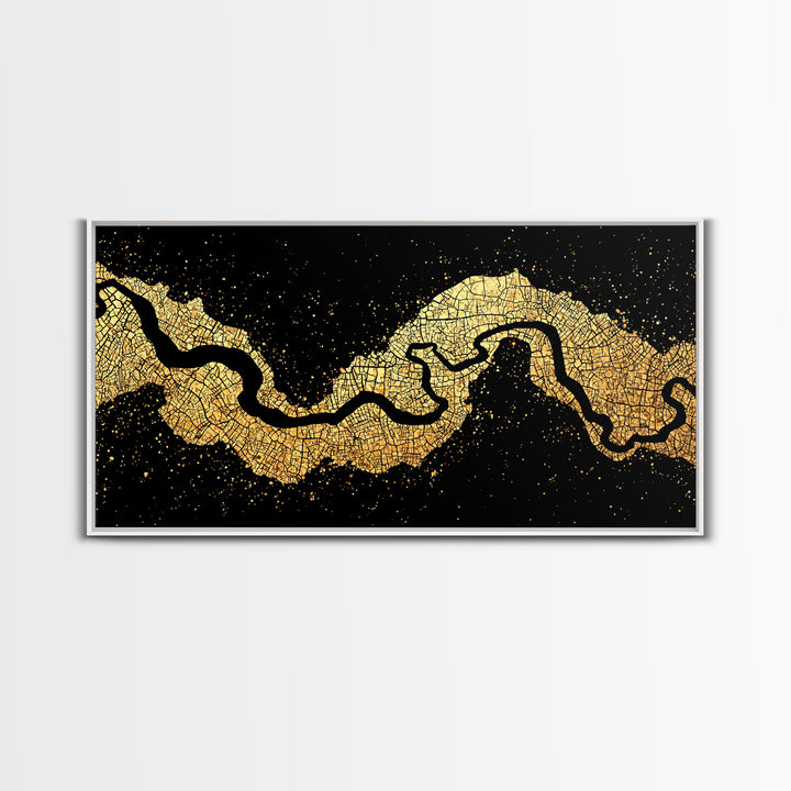 Black And Gold River Map Wall Art, Abstract Earth Tone Landscape Canvas Decor, Modern Minimalist Statement Piece For Home Decor