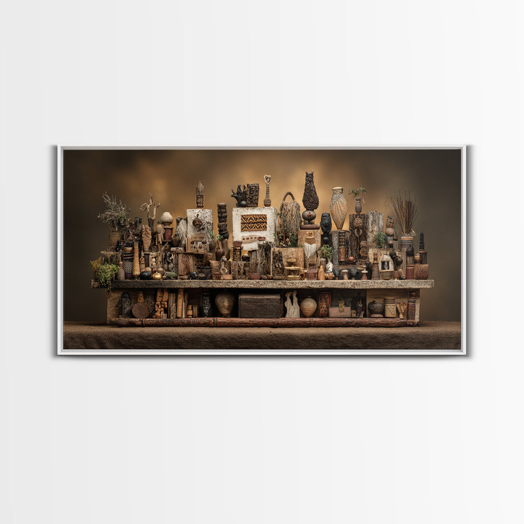 African Tribal Artifact Shelf Wall Art, Rustic Sculpture Still Life Canvas Decor, Ethnic Cultural Home Decor Statement Piece