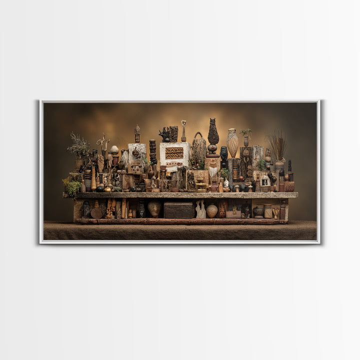 African Tribal Artifact Shelf Wall Art, Rustic Sculpture Still Life Canvas Decor, Ethnic Cultural Home Decor Statement Piece