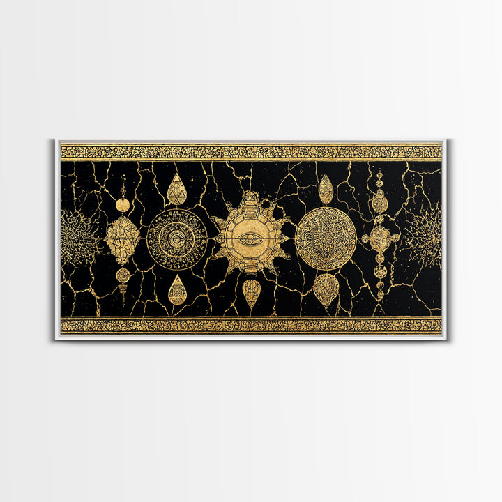 Black Gold Ornamental Mandala Canvas Print, Sacred Geometry Wall Decor, Luxury Boho Pattern Home Decor Statement Piece Gift For Her