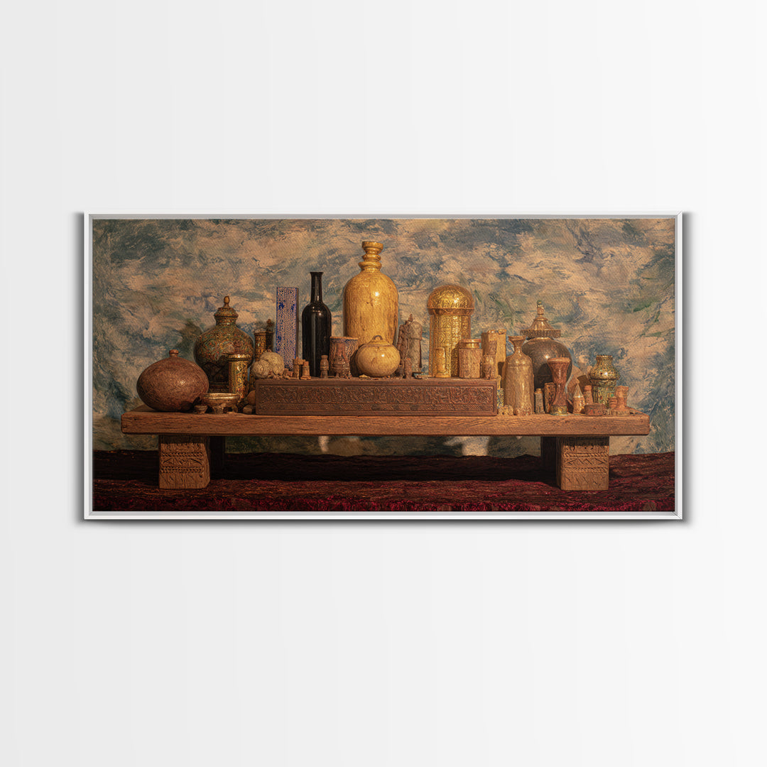 Ornate African Treasure Table Wall Art, Gold Vessel Still Life, Ethnic Home Decor, Luxury Canvas Print For Living Room