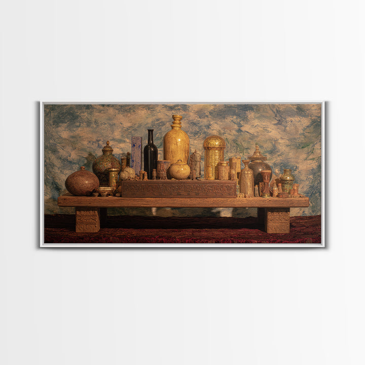 Ornate African Treasure Table Wall Art, Gold Vessel Still Life, Ethnic Home Decor, Luxury Canvas Print For Living Room