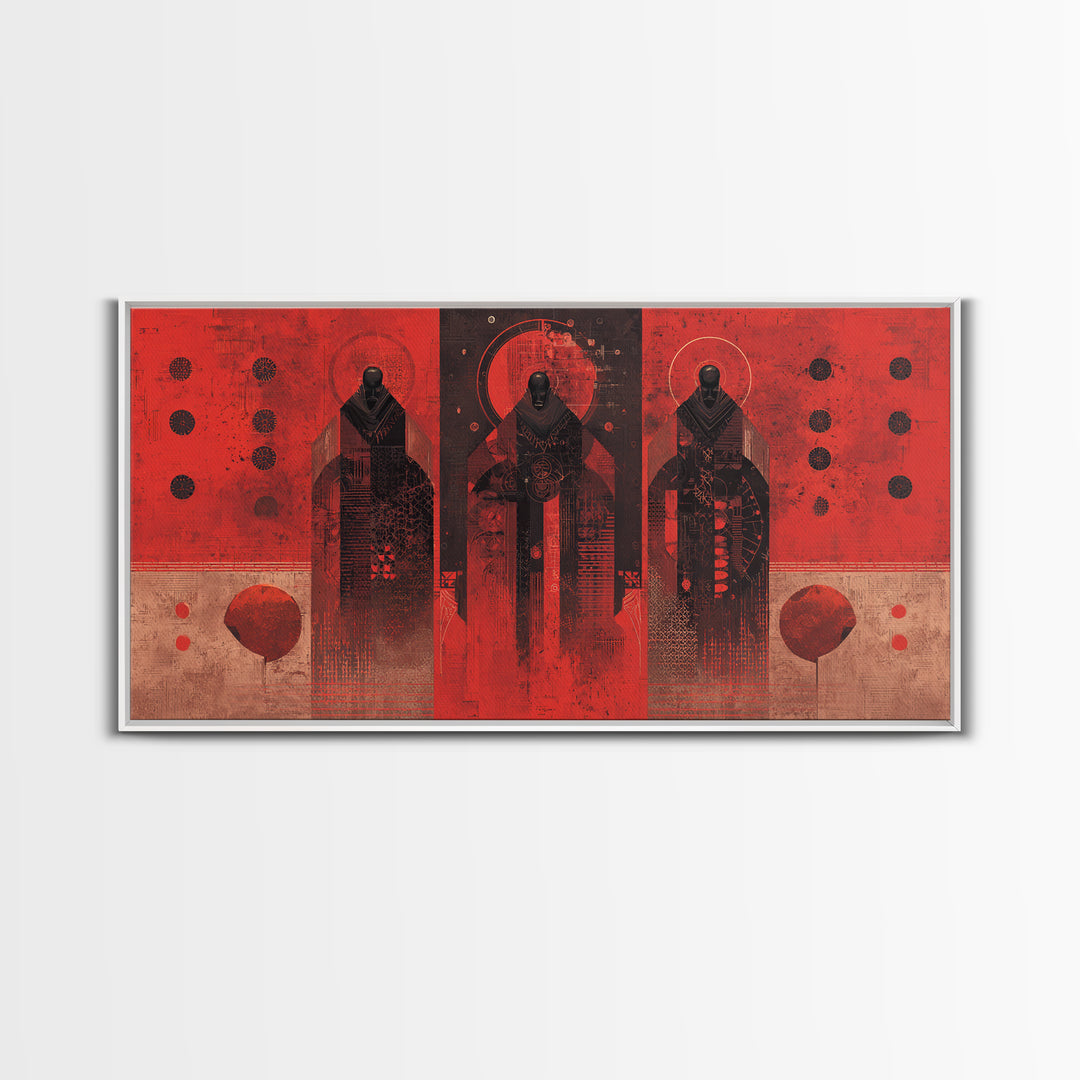Three Ancestral Figures In Red Wall Art, Abstract African Tribal Art, Spiritual Black Culture Canvas Print, Bold Decor Gift