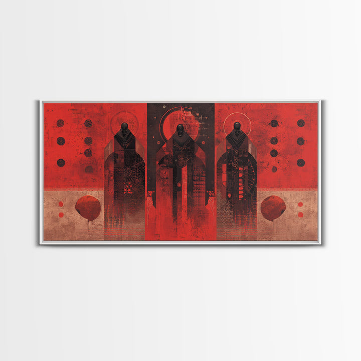 Three Ancestral Figures In Red Wall Art, Abstract African Tribal Art, Spiritual Black Culture Canvas Print, Bold Decor Gift