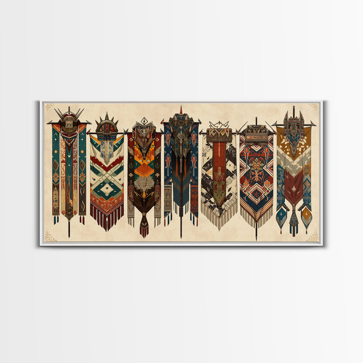 Seven Ornate African Tribal Banners Wall Art, Ankara Pattern Textile Art, Cultural Home Decor, Framed Canvas Print Gift For Her