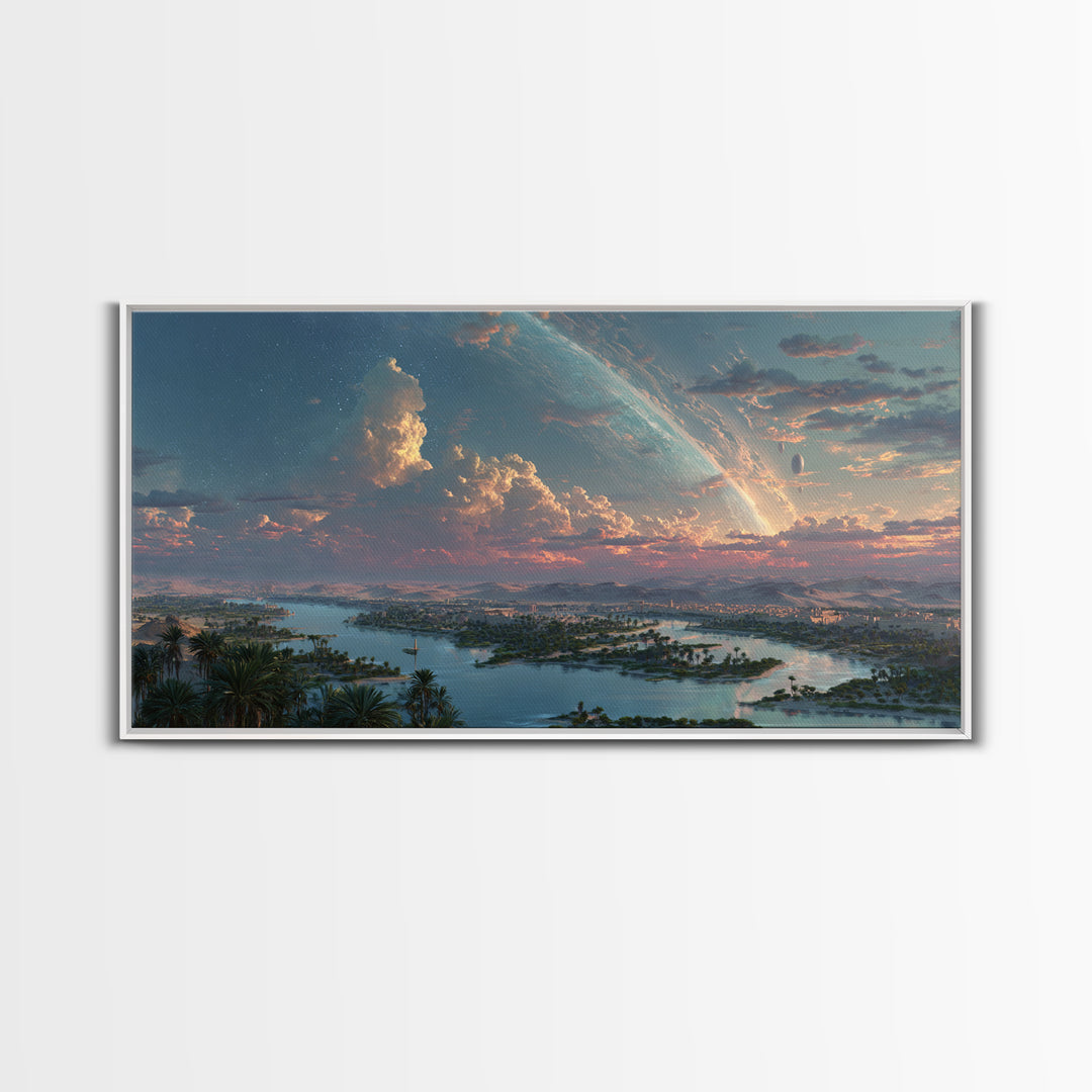 Epic African River Valley At Sunrise Wall Art, Afrofuturism Landscape, Dreamy Nature Scene Canvas Print, Large Decor Gift