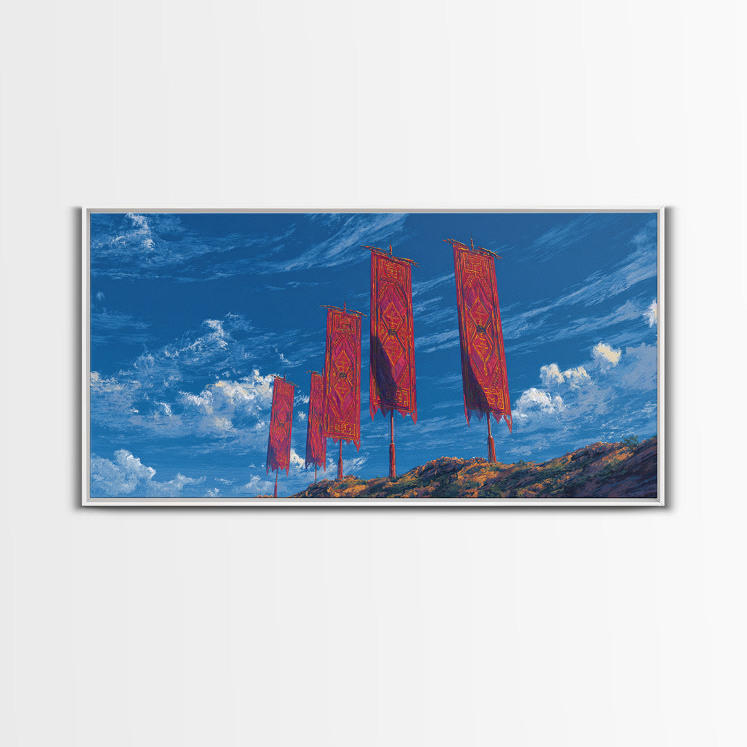 Red African Textile Banners On Blue Sky Wall Art, Cultural Landscape, Vibrant Ankara Decor, Framed Canvas Print Gift For Home