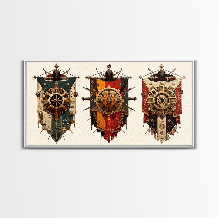 Three Ornate African Shield Banners Wall Art, Tribal Mask Canvas Print, Geometric Cultural Decor, Statement Wall Piece Gift